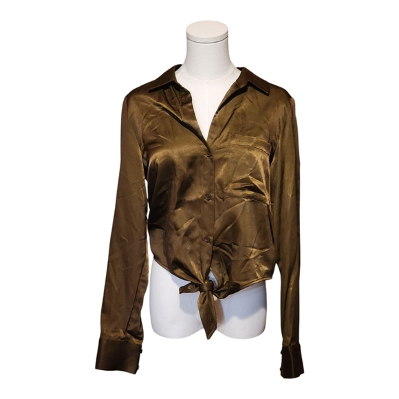 Sanctuary Bronze Green Satin Tie-Front Blouse Button Down Long Sleeve Sz Small - Picture 2 of 8